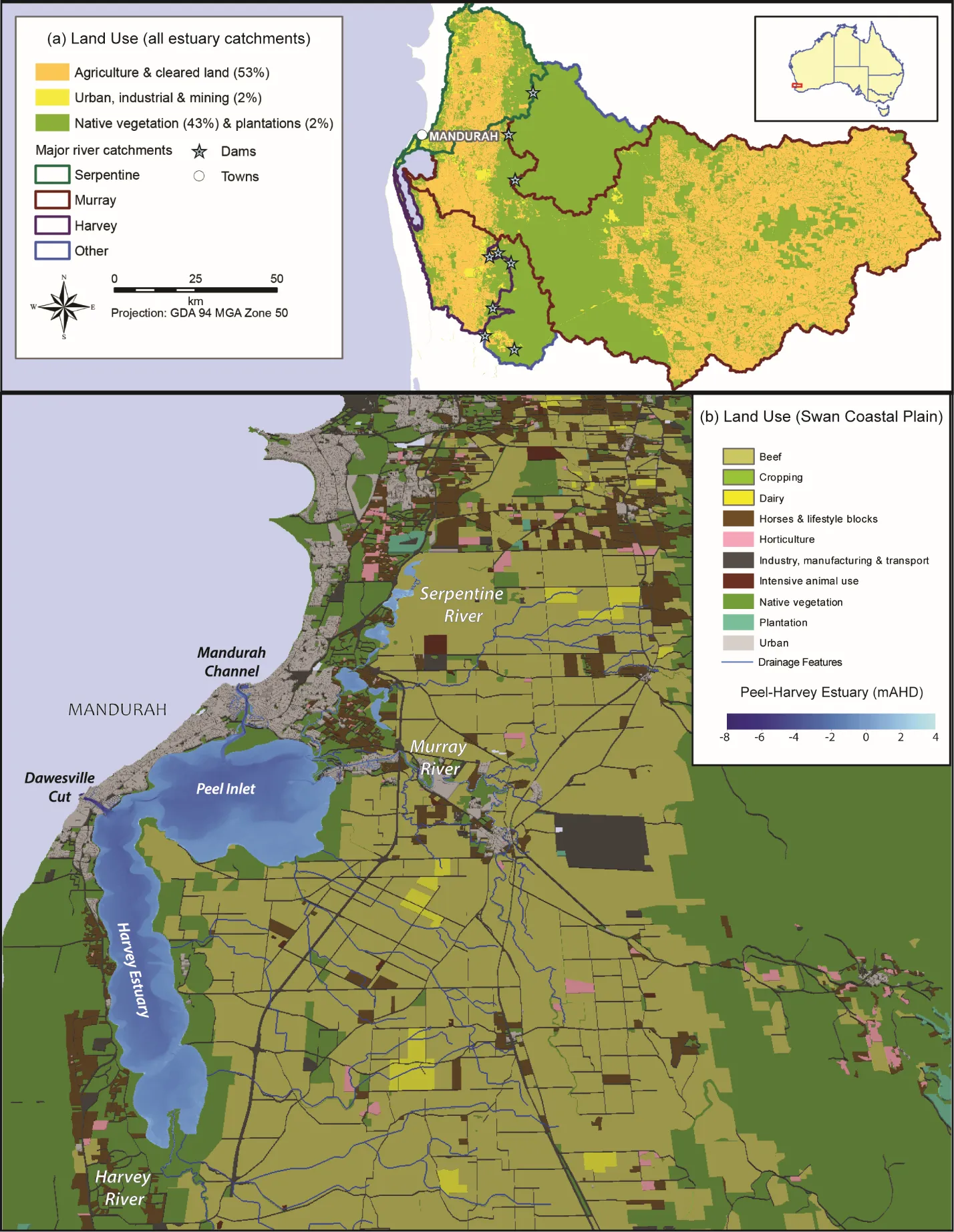 (a) Peel-Harvey catchment and estuary, showing the three main river sub-catchments and broad land uses; (b) Peel-Harvey Estuary and detailed land uses on the coastal plain portion of the catchment (reproduced from Valesini et al. 2019a)