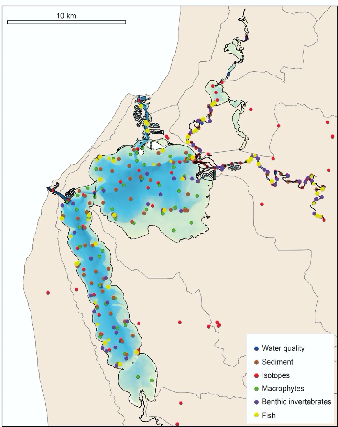 Summary of the sampling or monitoring sites in the Peel-Harvey Estuary at which environmental or biotic data were collected in 2016-2018 to support development of the DSS. Further detail on each of the field sampling regimes can be found in the respective chapters (Table 1.1).