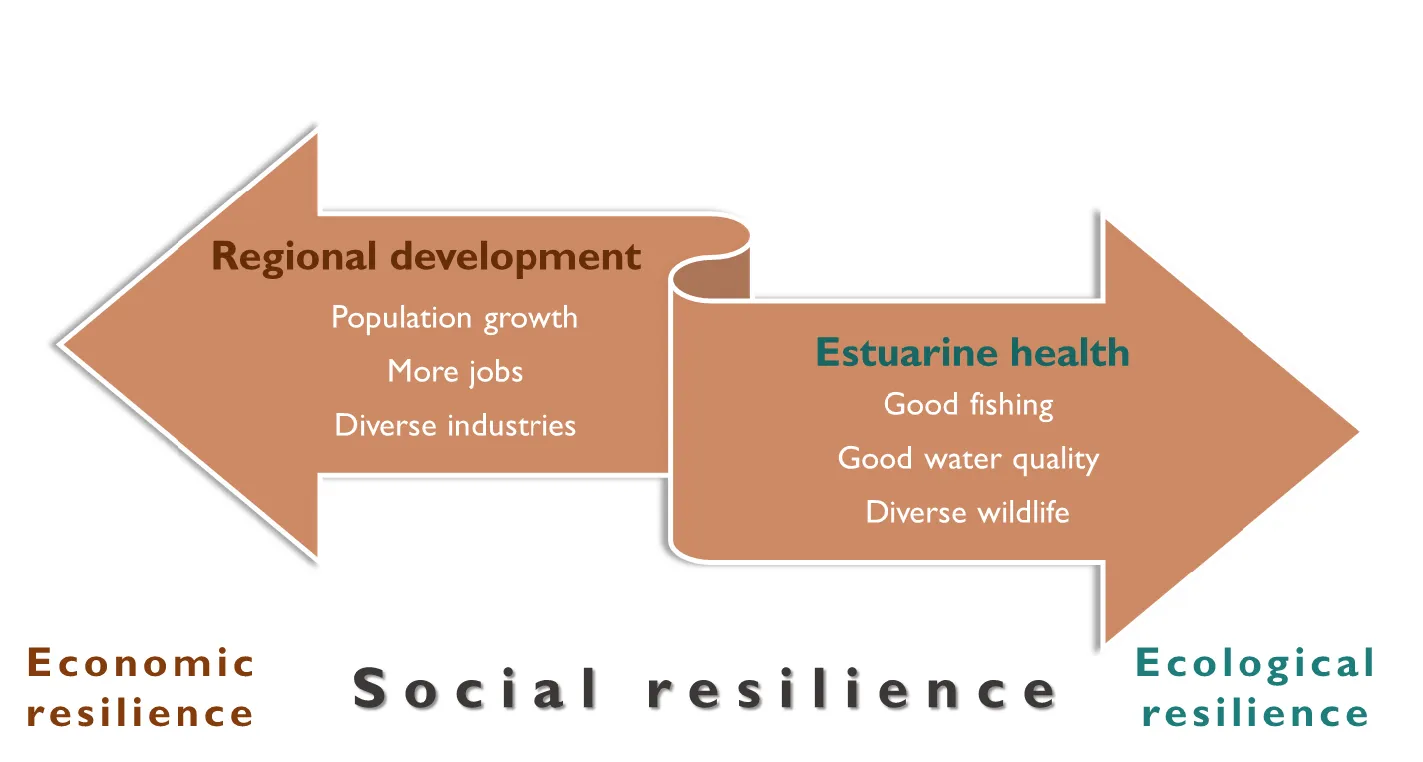 Conceptual diagram of the balance between catchment development aspirations (economic resilience) and downstream estuarine health (ecological resilience) to achieve broader social resilience.